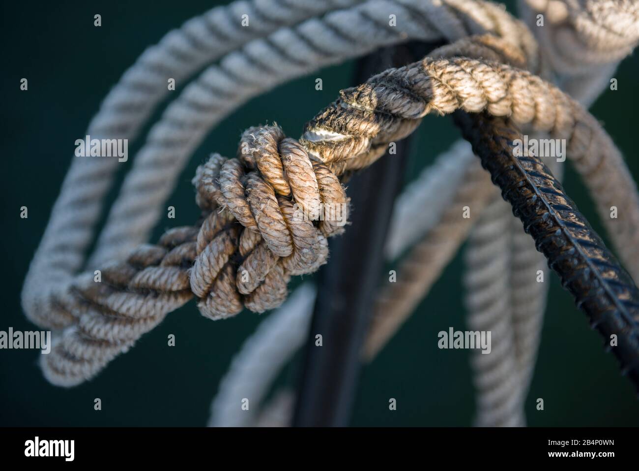 Knot in a maritime white rope around rebar in a dark green background Stock Photo