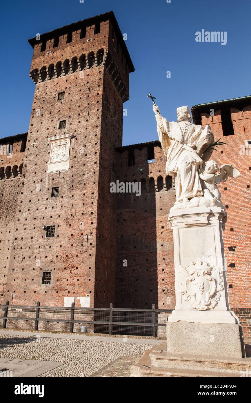 Milan, Italy - January 19, 2018: Statue of St John of Nepomuk at the courtyard of Sforza Castle in Milan Stock Photo