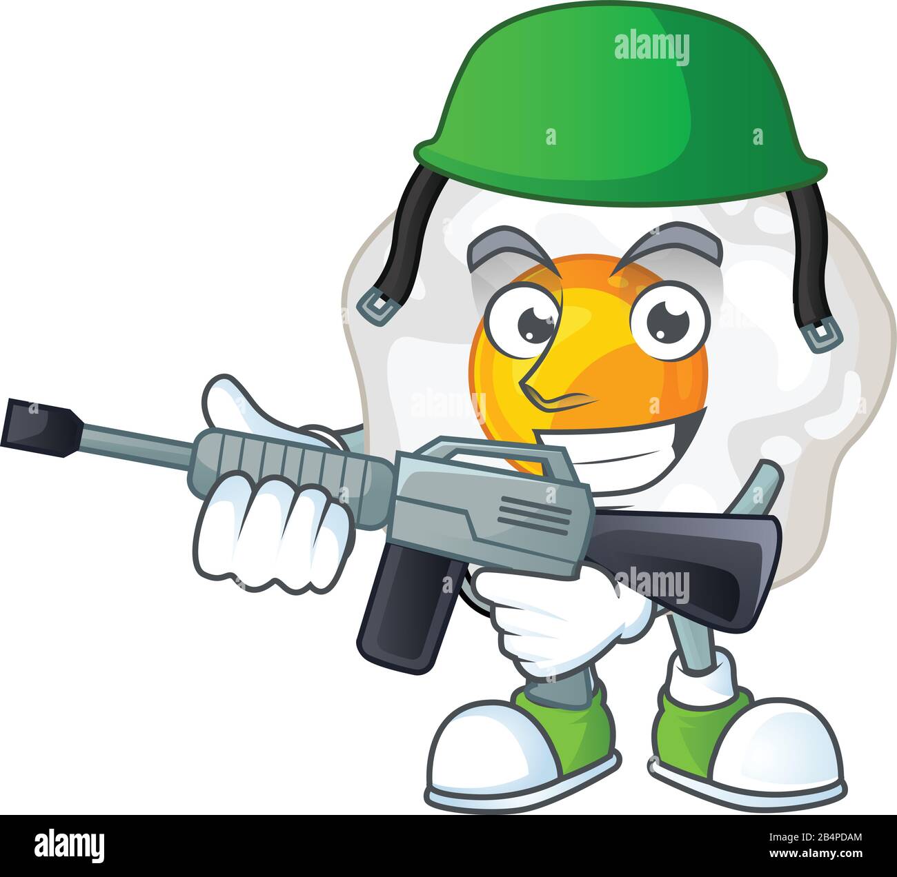An elegant picture of fried egg as an Army having machine gun Stock