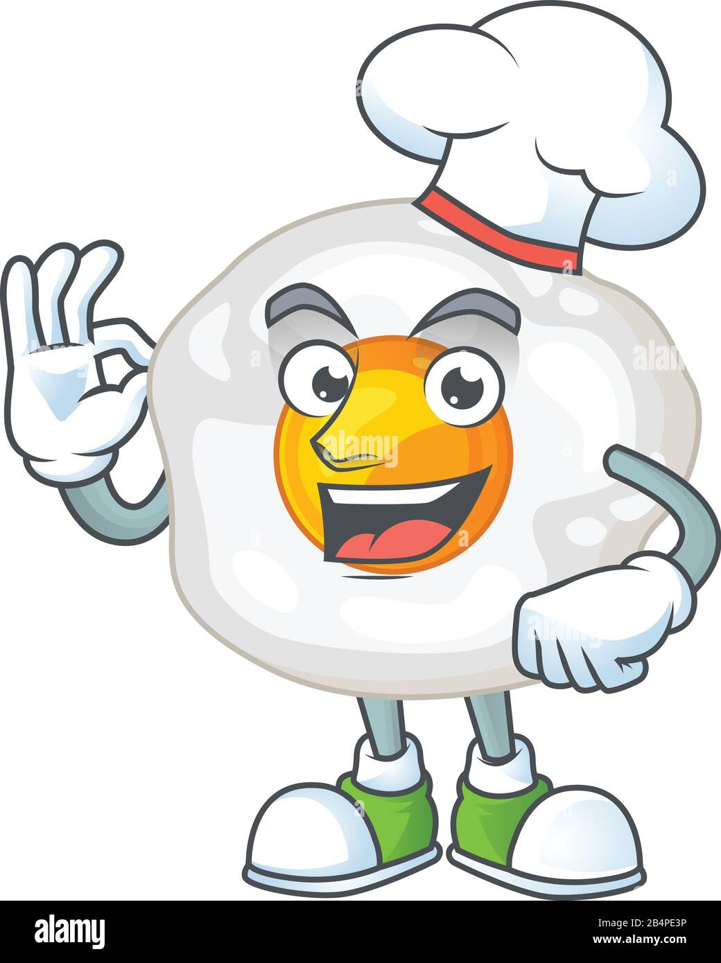 A picture of fried egg cartoon character wearing white chef hat Stock