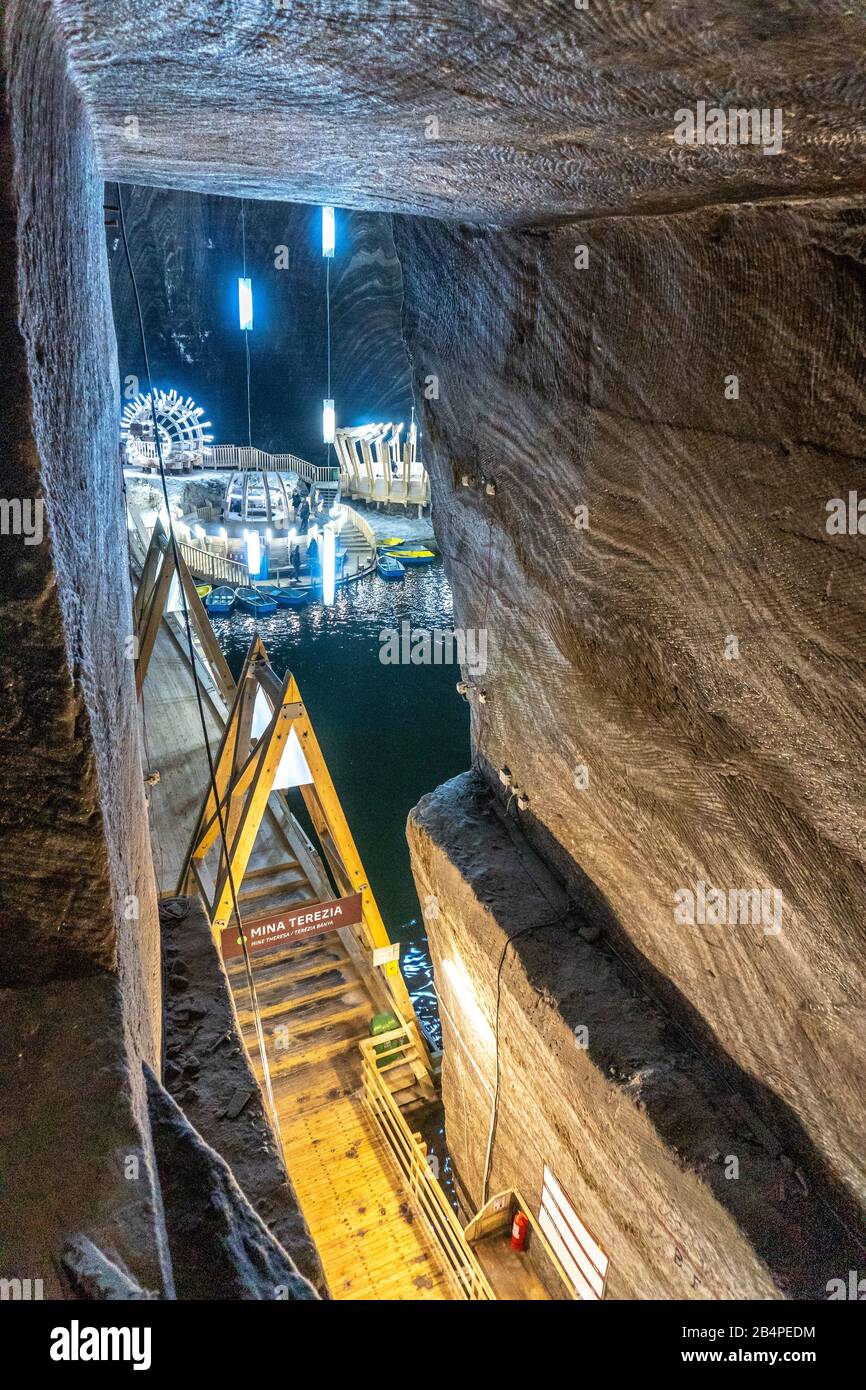 SALINA TURDA, ROMANIA - DEC 22, 2019: The Terezia conical mine at the Turda salt mine in Romania. Salina Turda illustrative editorial. Salina Turda ed Stock Photo