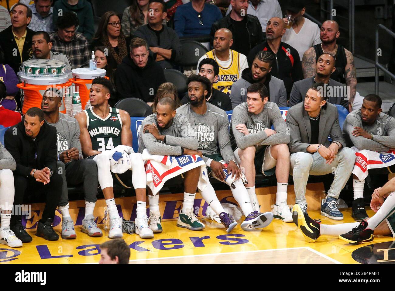 Los Angeles California Usa 6th Mar 2020 Milwaukee Bucks Players Watch From The Bench During An Nba Basketball Game Between Los Angeles Lakers And Milwaukee Bucks Friday March 6 2020 In Los