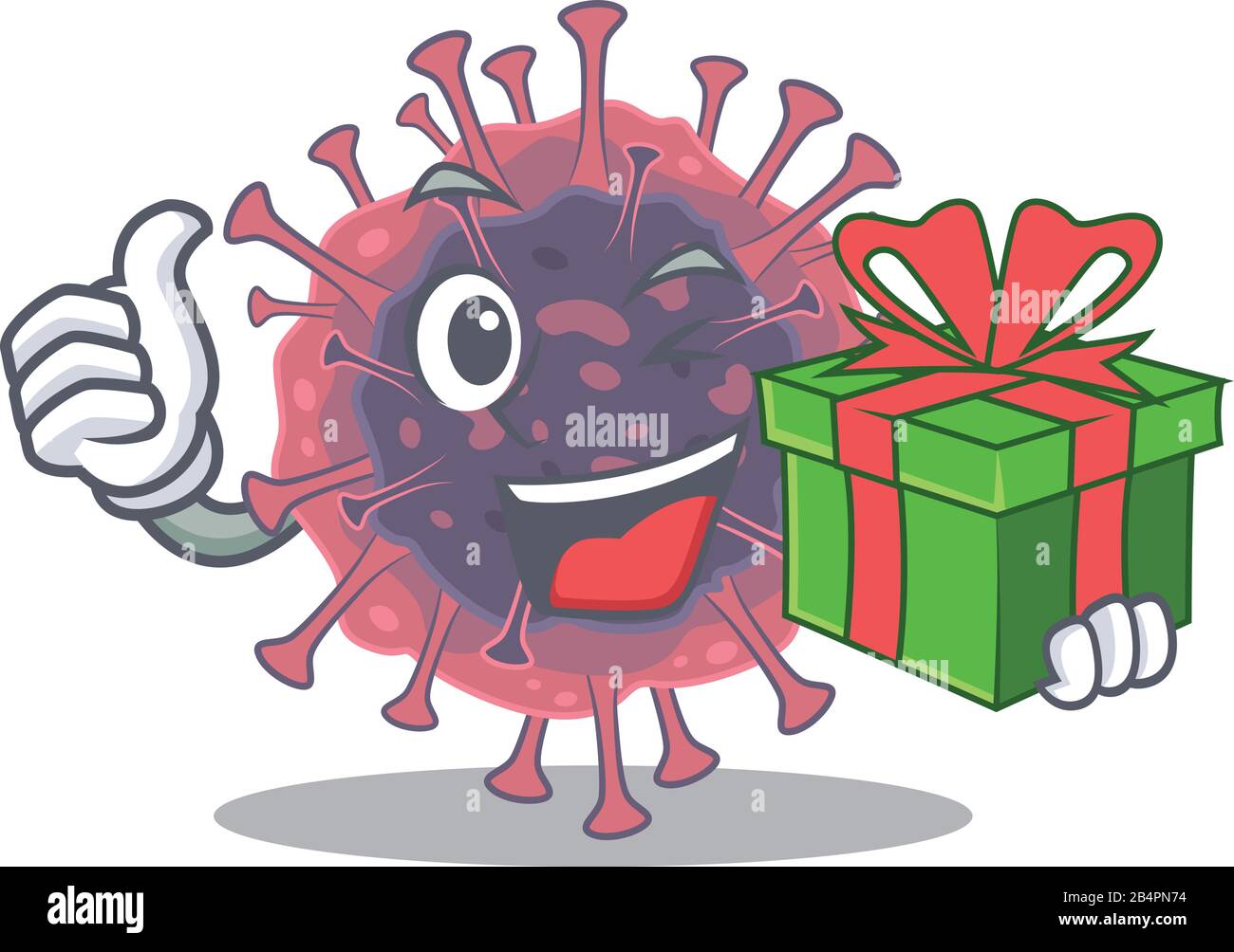 Smiley microbiology coronavirus cartoon character having a gift box Stock Vector