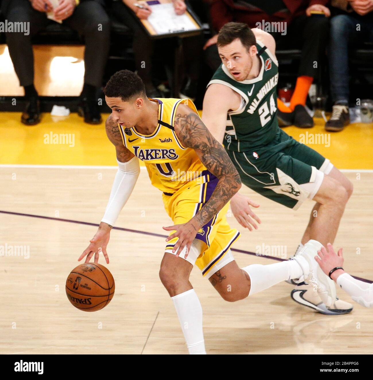 Los Angeles California Usa 6th Mar 2020 Los Angeles Lakers Kyle Kuzma 0 Drives Past Milwaukee Bucks Pat Connaughton 24 During An Nba Basketball Game Between Los Angeles Lakers And Milwaukee Bucks