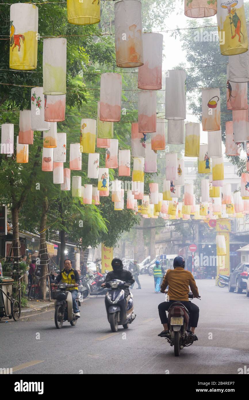 Hanoi Vietnam - Phung Hung street decorated with lanterns during Tet season, Hanoi, Vietnam, Southeast Asia. Stock Photo