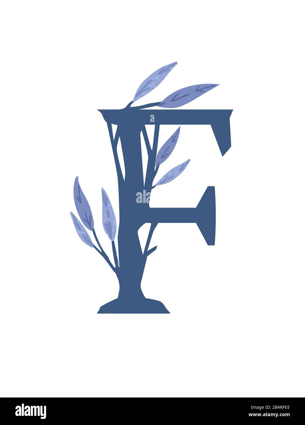 Letter F hand drawn tree branches with leaves botanical flowers floral ...