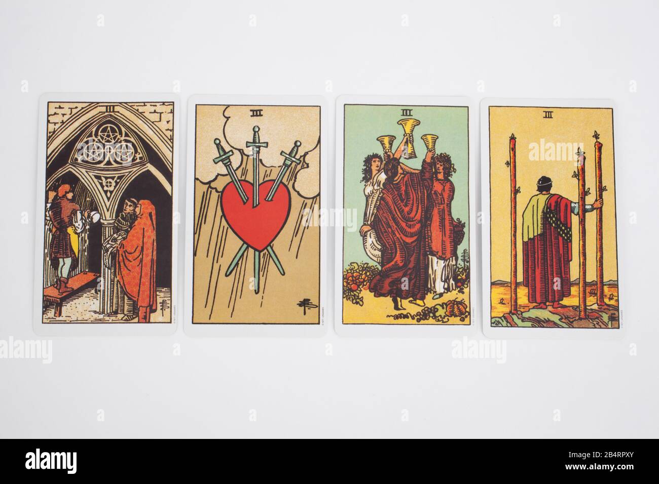 The Three of each of the suits of Tarot Cards Stock Photo