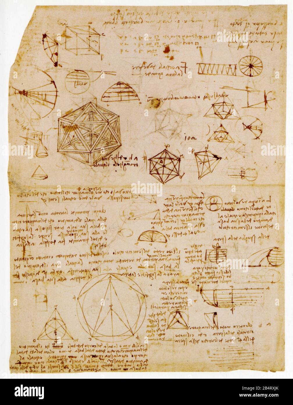 Leonardo da Vinci. Studies on solid geometry with a memorandum (center, above). 1513-1514 Stock Photo
