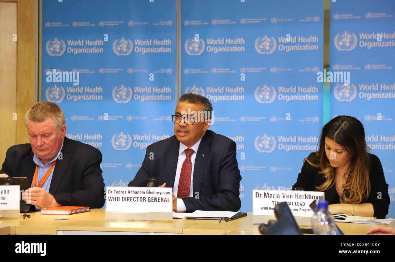 Geneva, Switzerland. 6th Mar, 2020. WHO Director-General Tedros Adhanom Ghebreyesus (C) speaks at a daily briefing in Geneva, Switzerland, on March 6, 2020. Despite the global COVID-19 outbreak that could undermine the manufacture of medicines, the World Health Organization (WHO) said here Friday that there has not been an imminent specific shortage of essential medicine supply worldwide. Credit: Chen Junxia/Xinhua/Alamy Live News Stock Photo