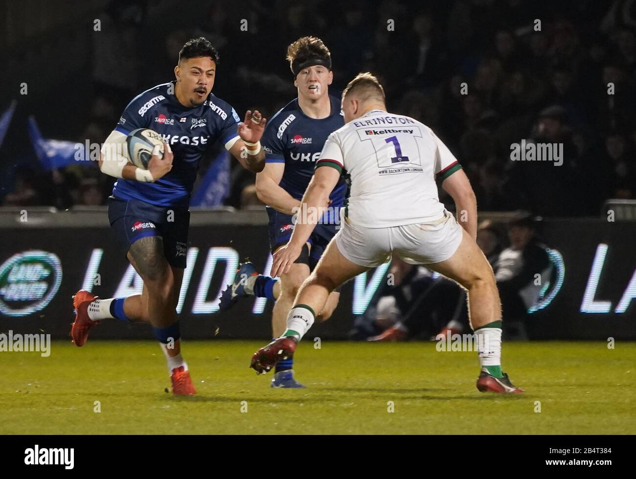 Sale Sharks wing Denny Solomona runs at London Irish prop Harry Elrington during a Gallagher Premiership Rugby Union match, won by Sharks 39-0, Friday, Mar. 6, 2020, in Eccles, United Kingdom. (Photo by IOS/ESPA-Images) Stock Photo