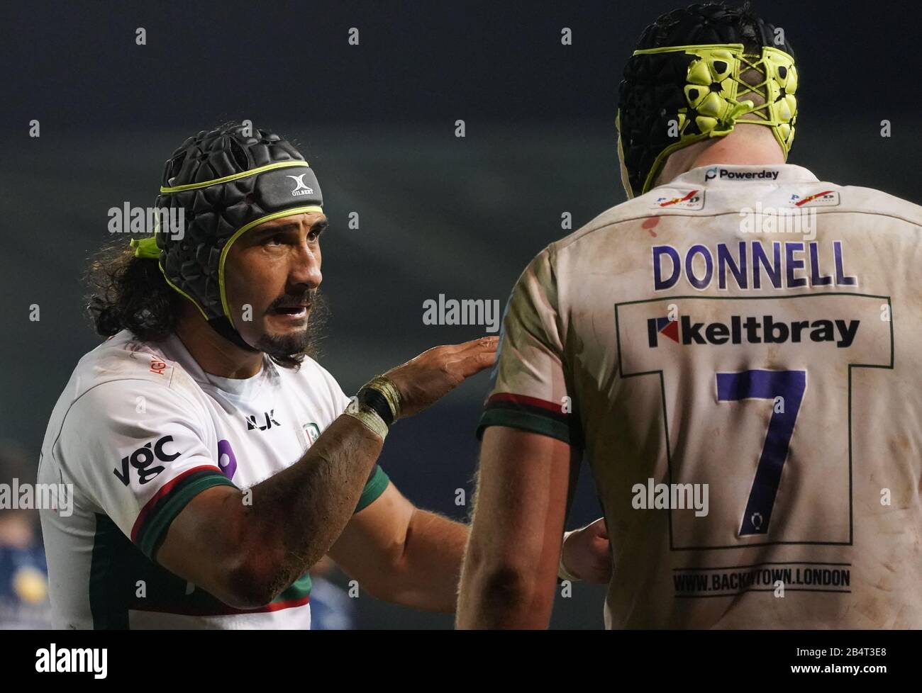 London Irishs Blair Cowan gives instructions to London Irish flanker Ben Donnell during a Gallagher Premiership Rugby Union match won by Sharks 39-0, Friday, Mar