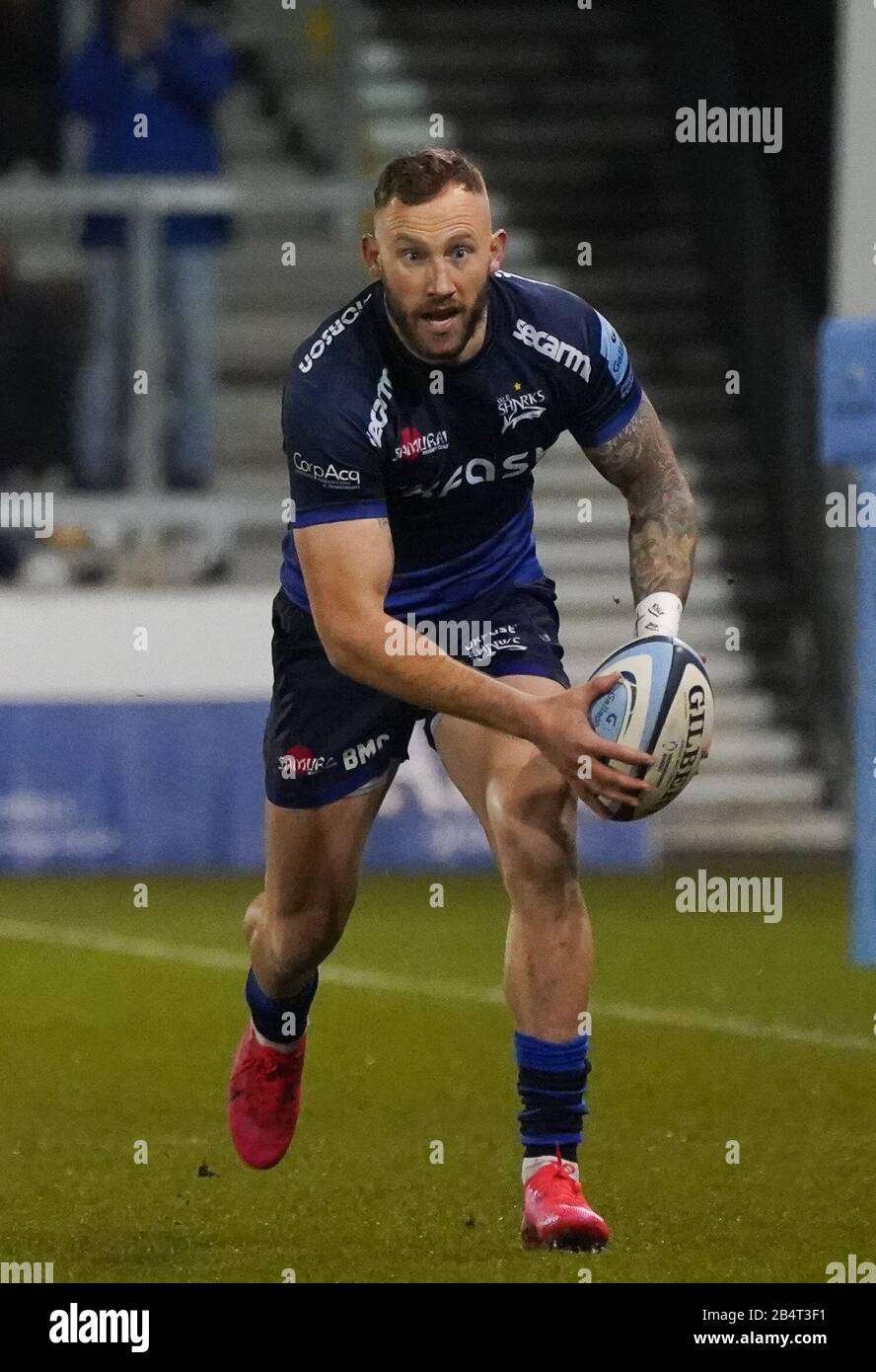 Sale Sharks Byron McGuigan runs in for a try during a Gallagher Premiership Rugby Union match won by Sharks 39-0, Friday, Mar. 6, 2020, in Eccles, United Kingdom. (Photo by IOS/ESPA-Images) Stock Photo