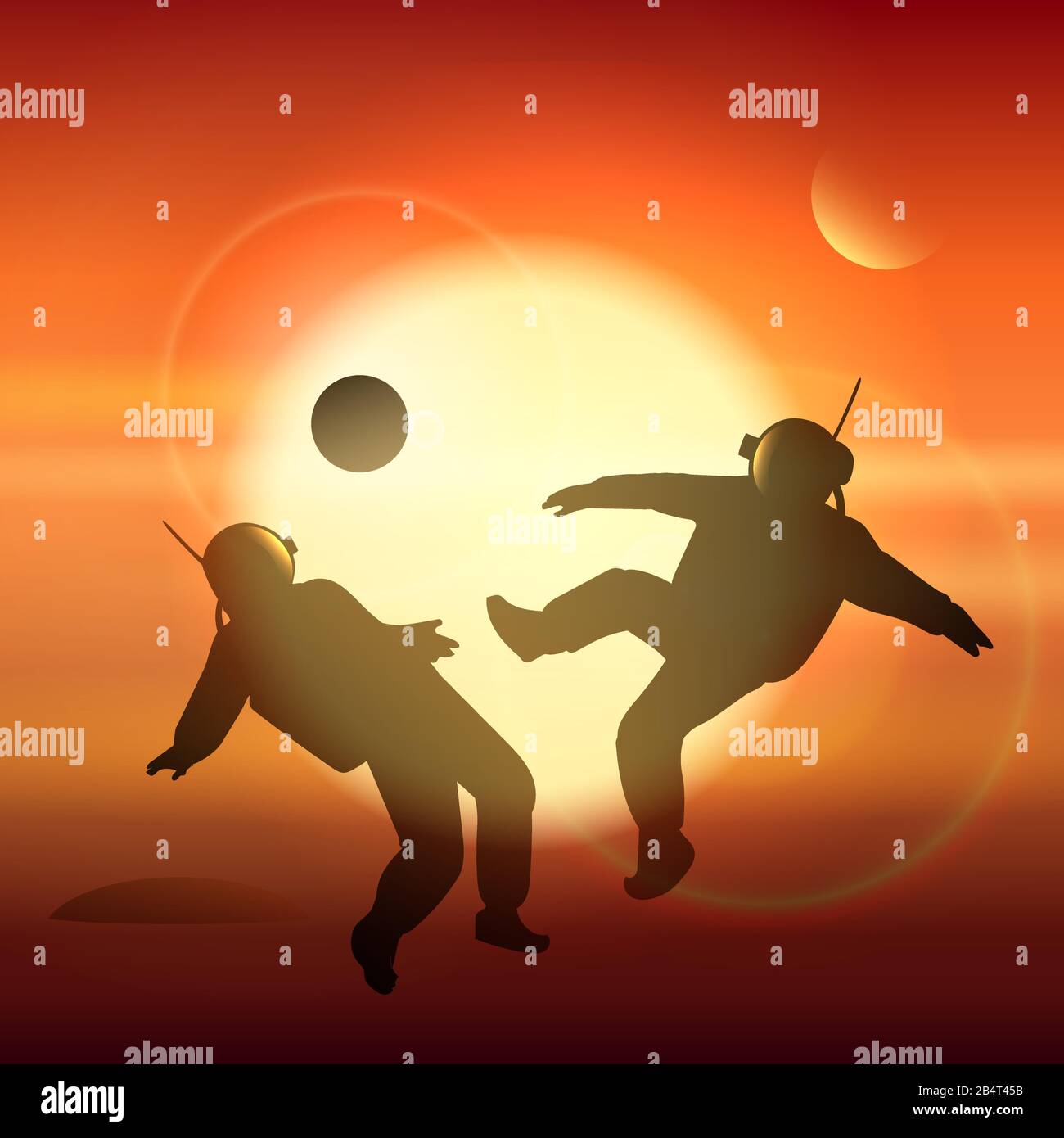 Astronauts playing soccer or football on Martian field. Conquest of Mars theme. Vector illustration. Stock Vector
