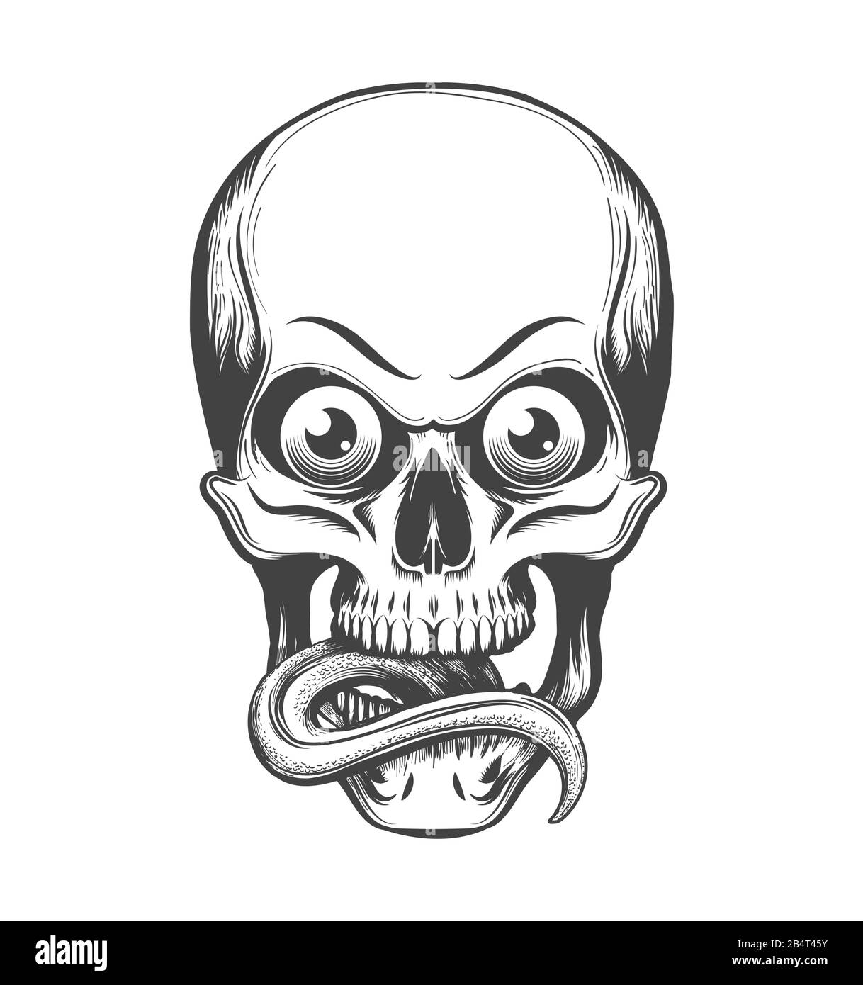 Human skull with eyes and tongue sticking out drawn in tattoo style. Vector illustration. Stock Vector