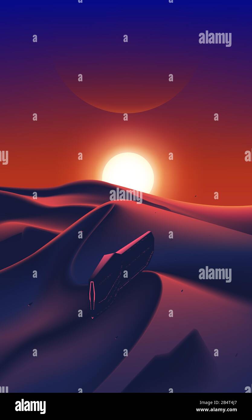 An imaginary sci-fi illustration of the spaceship fleet is flying over the desert, which has the beautiful sunset on the horizon. Stock Vector