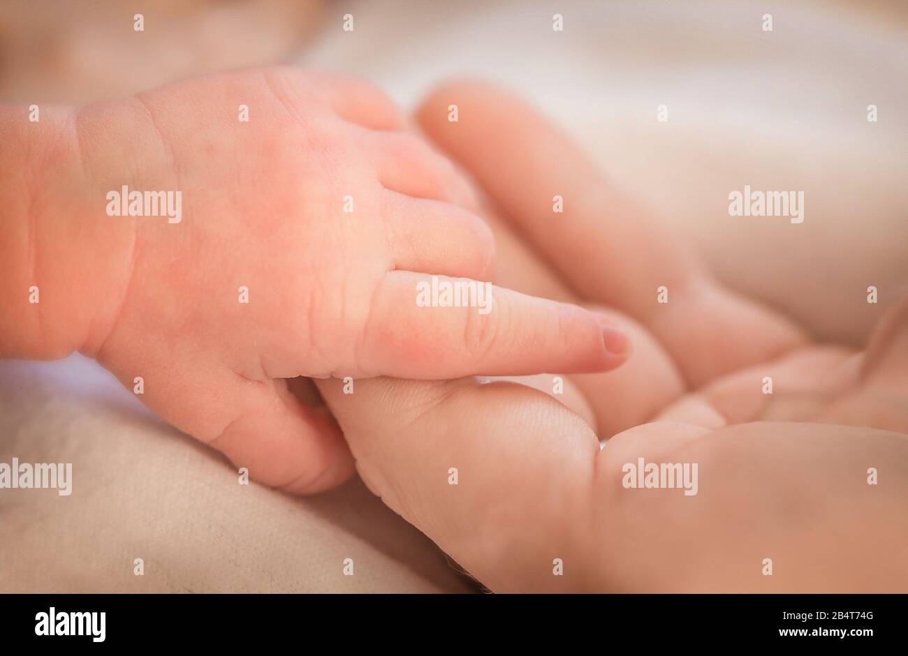 Close up of a Mother holding newborn babys hand Stock Photo