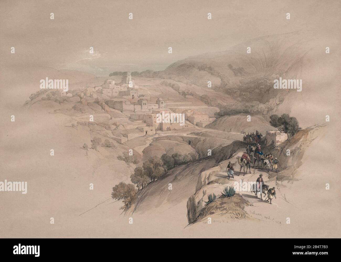 The village of Bethany Color lithograph by David Roberts (1796-1864). An engraving reprint by Louis Haghe was published in a the book 'The Holy Land, Syria, Idumea, Arabia, Egypt and Nubia. in 1855 by D. Appleton & Co., 346 & 348 Broadway in New York. Stock Photo