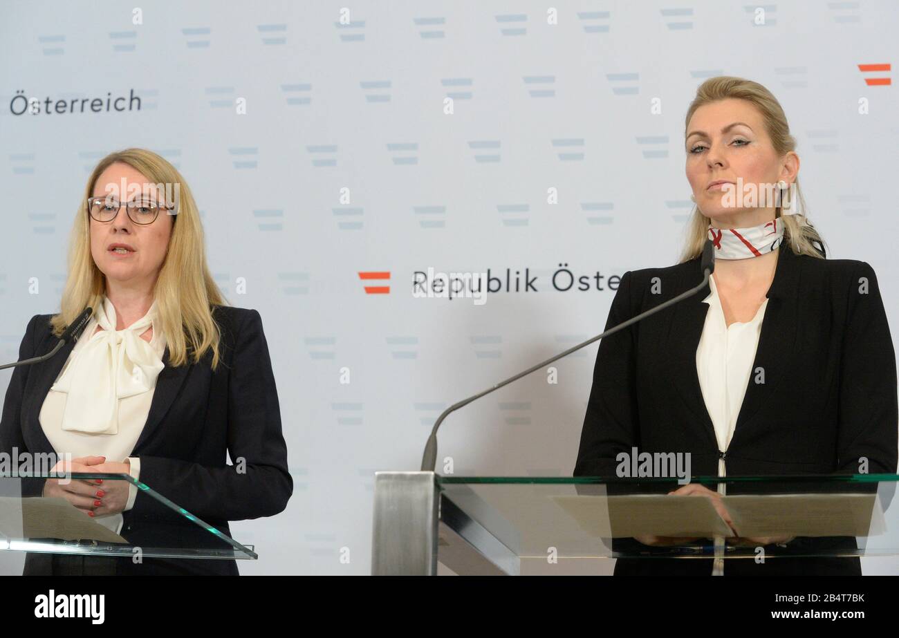 Vienna, Austria. 7th March, 2020. Press statement by Minister of Labor (R) Christine Aschbacher and Minister of Economics (L) Margarete Schramböck about the application for short-time work by Austrian Airlines due to the corona virus and the support measures to safeguard jobs and the business location. Austrian Airlines sends 7,000 employees into short-time work. Credit: Franz Perc / Alamy Live News Stock Photo