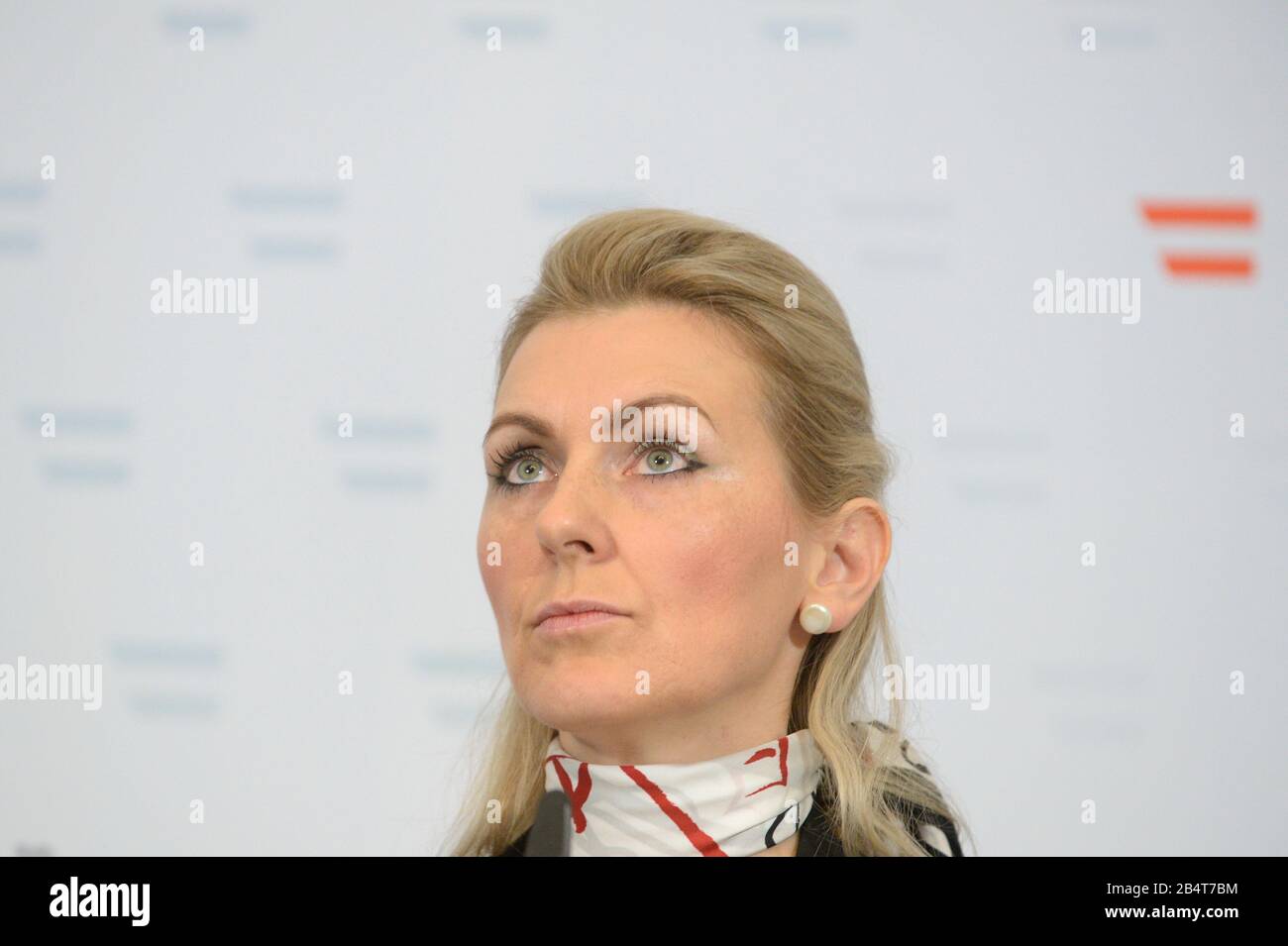 Vienna, Austria. 7th March, 2020. Press statement by Minister of Labor Christine Aschbacher  about the application for short-time work by Austrian Airlines due to the corona virus and the support measures to safeguard jobs and the business location. Austrian Airlines sends 7,000 employees into short-time work. Credit: Franz Perc / Alamy Live News Stock Photo