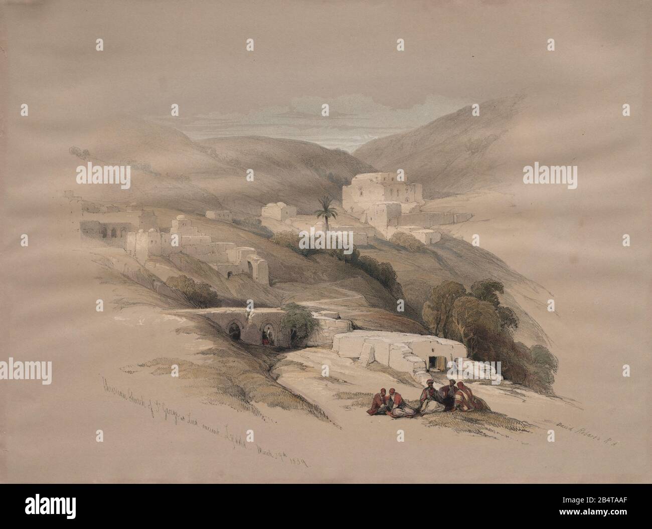 Christian Church of St. George at Ludd, ancient Lydda (Now Lod) Color lithograph by David Roberts (1796-1864). An engraving reprint by Louis Haghe was published in a the book 'The Holy Land, Syria, Idumea, Arabia, Egypt and Nubia. in 1855 by D. Appleton & Co., 346 & 348 Broadway in New York. Stock Photo