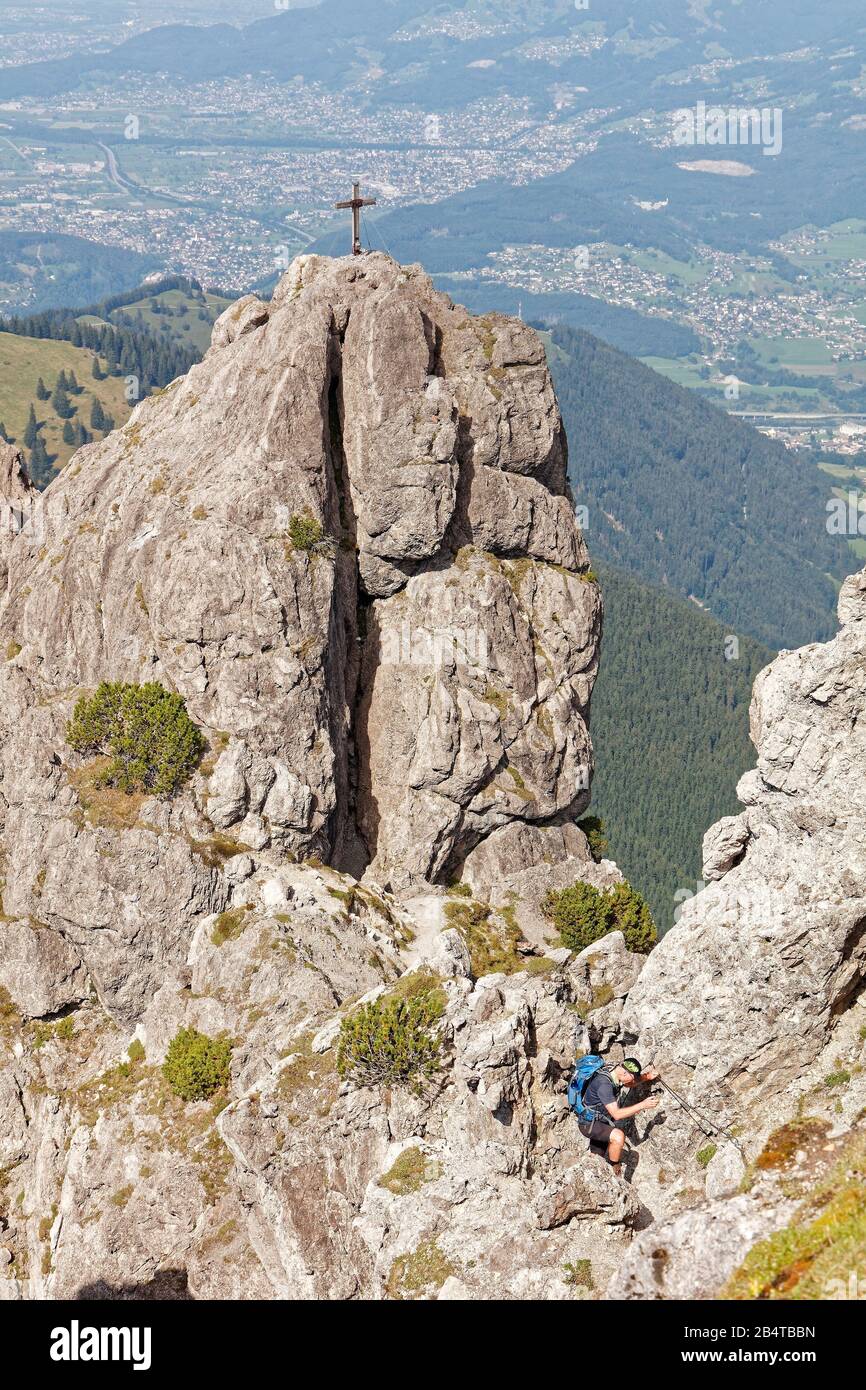 Drei Schwestern, Vorarlberg, Austria - August 25, 2019: Tourists descending Drei Schwestern (The Three Sisters ) via ferrata Stock Photo