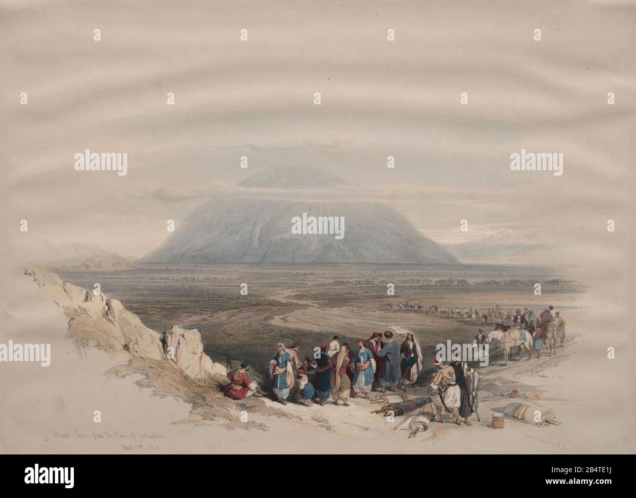 Mount Tabor from the Plain of Esdraelon Color lithograph by David Roberts (1796-1864). An engraving reprint by Louis Haghe was published in a the book 'The Holy Land, Syria, Idumea, Arabia, Egypt and Nubia. in 1855 by D. Appleton & Co., 346 & 348 Broadway in New York. Stock Photo