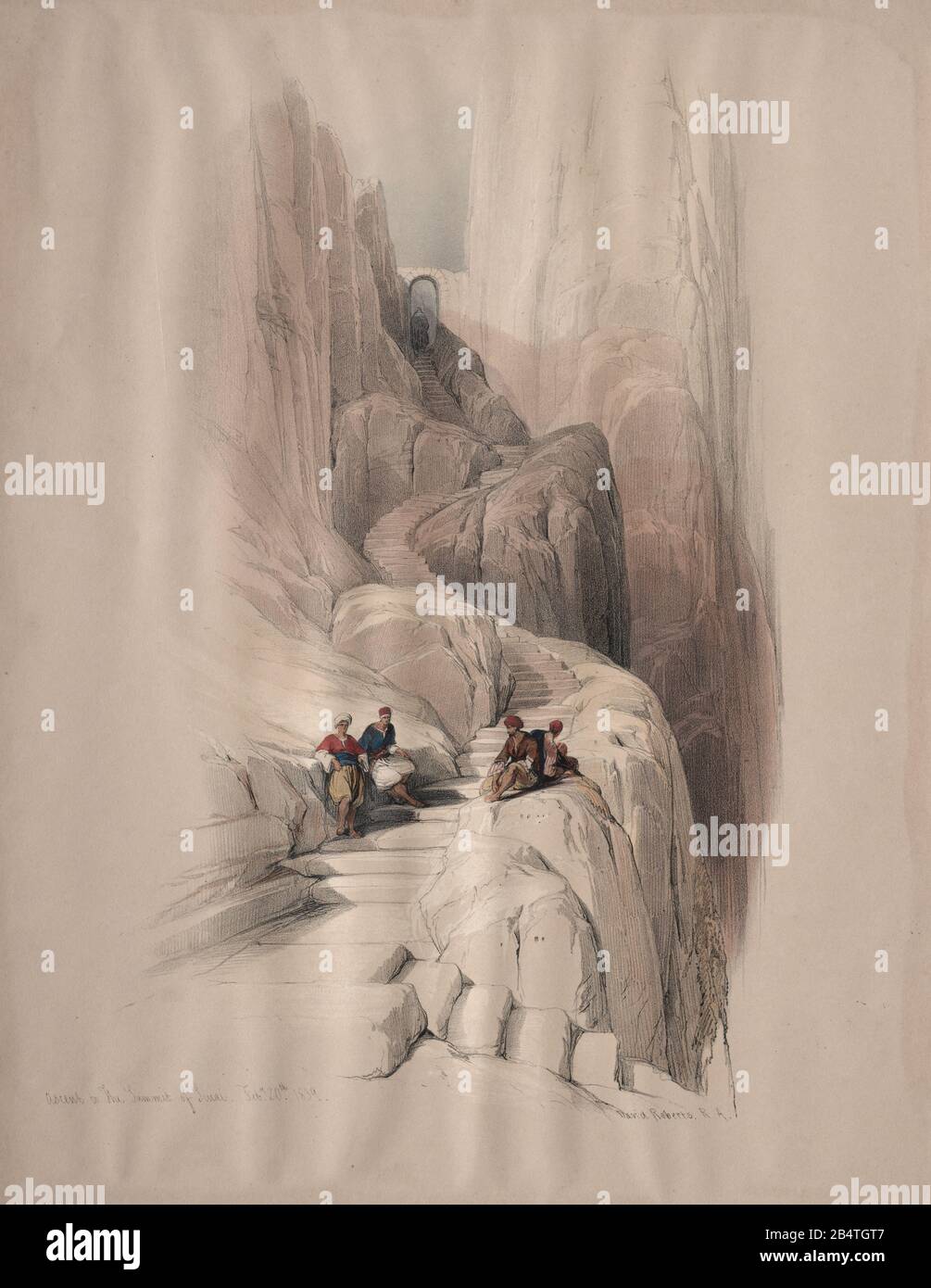 Ascent to the Summit of Sinai Color lithograph by David Roberts (1796-1864). An engraving reprint by Louis Haghe was published in a the book 'The Holy Land, Syria, Idumea, Arabia, Egypt and Nubia. in 1855 by D. Appleton & Co., 346 & 348 Broadway in New York. Stock Photo