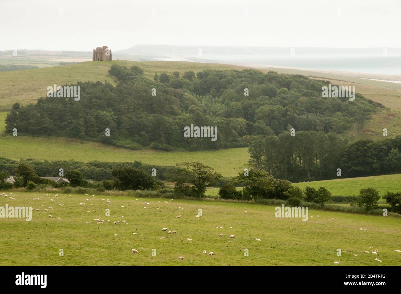 Views to St Catherine's Chapel in Abbotsbury and Chesil beach on the West Dorset Heritage Coast, Dorset, England, on a misty summer's day. Stock Photo