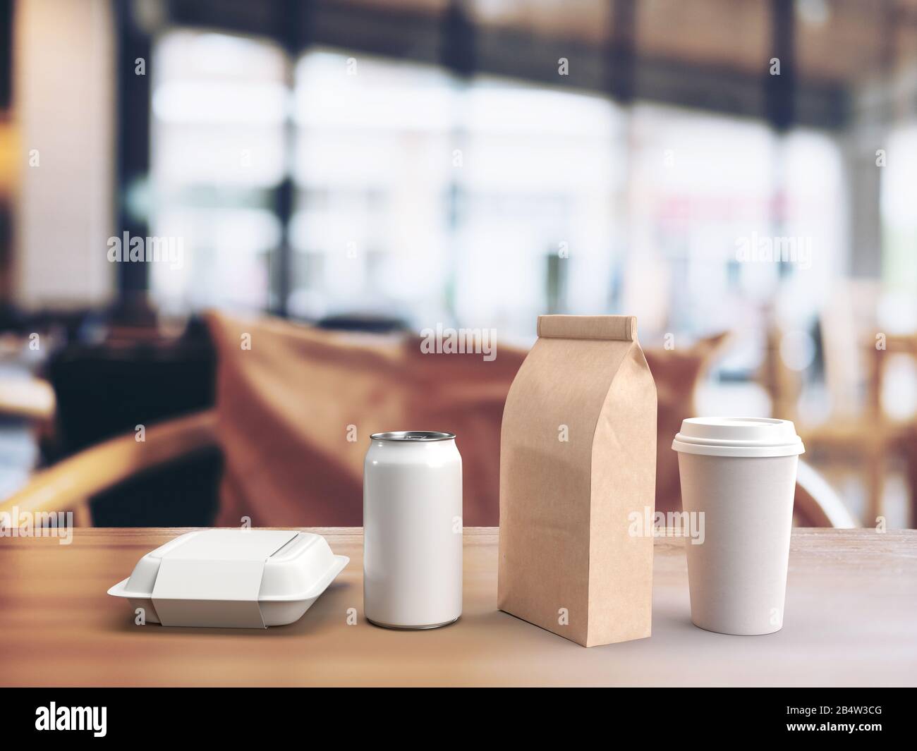 Download 3d Render Of White Mockup Of A Takeout Lunch Box Beverage Can Paper Coffee Bag And Coffee Mug On A Wooden Table In A Blurred Restaurant Background Stock Photo Alamy