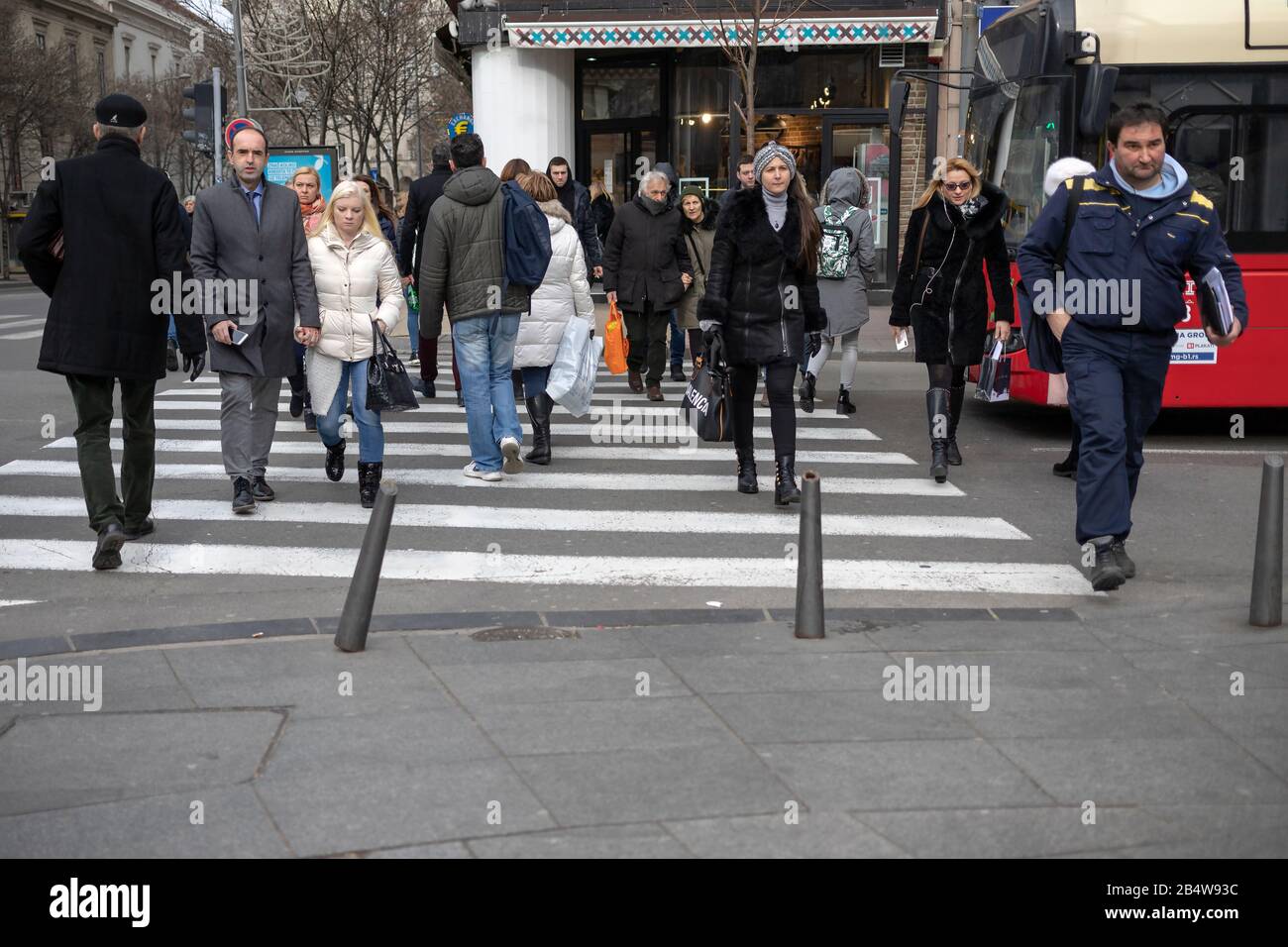 Serbia, Feb 7, 2020: Pedestrians crossing Makedonska Street in the city center of Belgrade Stock Photo