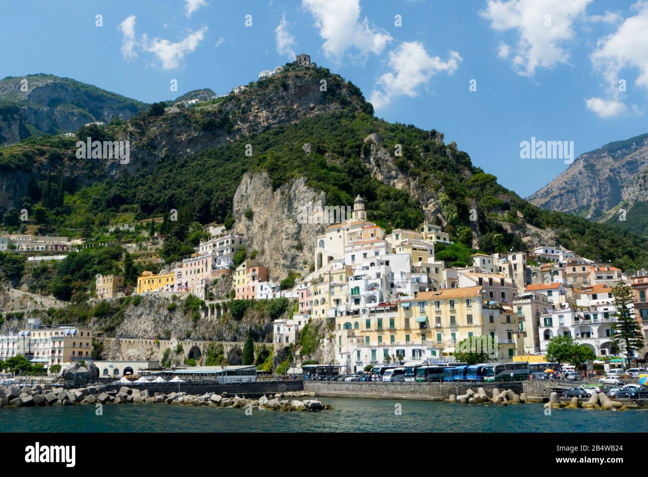 Scenic View Of Amalfi Town & Mountains  Of The Amalfi Coast In Italy Stock Photo