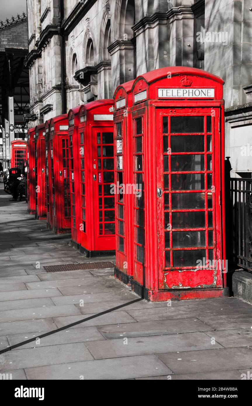 Around the UK - Old style telephone boxes in Preston City Centre Stock Photo