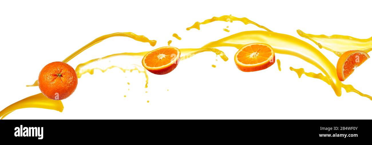 Orange juice splash isolated on white background Stock Photo - Alamy