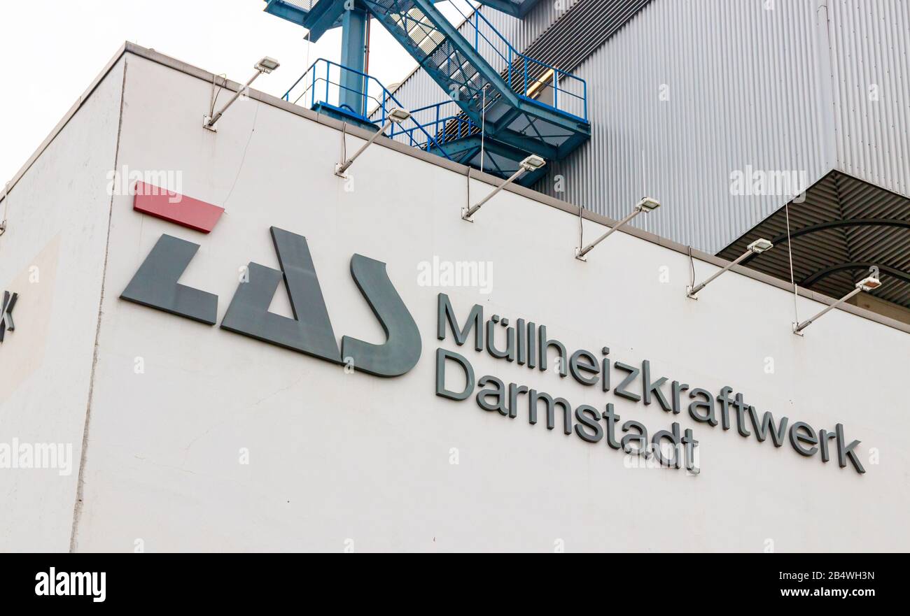 Incineration facility (müllheizkraftwerk) with the ZAS logo (Zweckverbandes Abfallverwertung Südhessen). Darmstadt, Germany. Stock Photo
