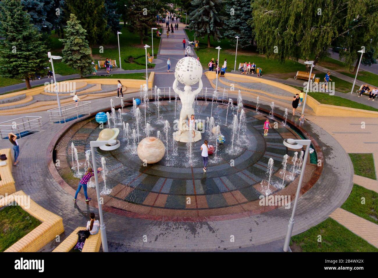 Vinnytsia, Ukraine - August 08, 2017: Fountain 'Solar System' on the prospectus of astronauts. Aerial view. Stock Photo