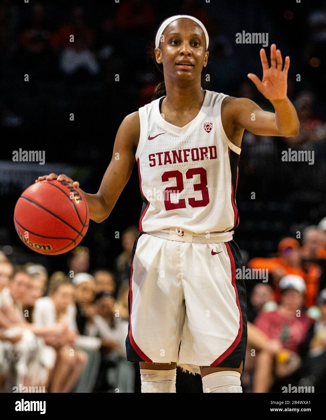 Mar 06 2020 Las Vegas, NV, U.S.A. Stanford Cardinal guard Kiana Williams (23)sets the play during the NCAA Pac 12 Women's Basketball Tournament Quarterfinals between Stanford Cardinal and the Oregon State Beavers 68-57 win at Mandalay Bay Event Center Las Vegas, NV. Thurman James/CSM Stock Photo