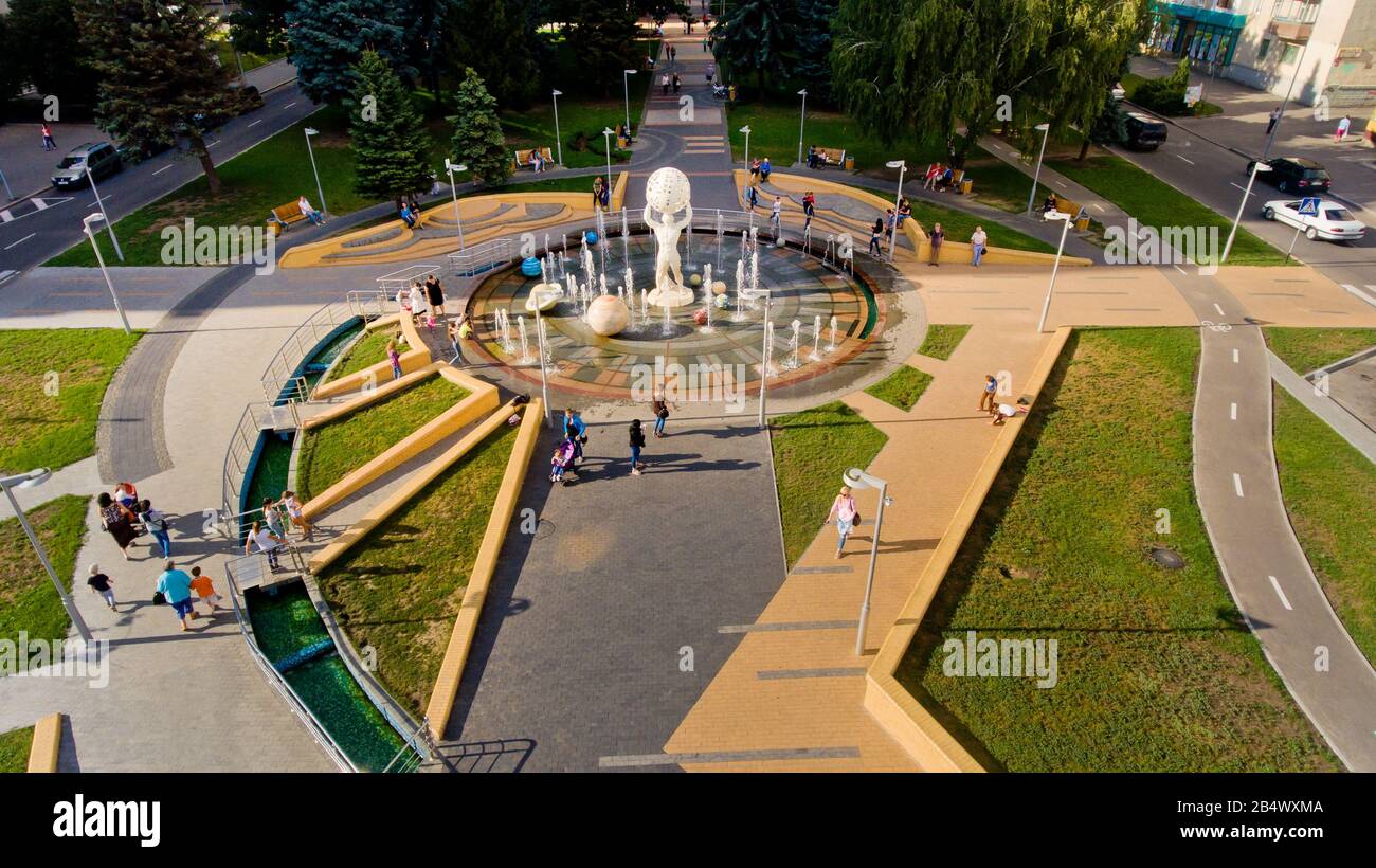 Vinnytsia, Ukraine - August 08, 2017: Fountain 'Solar System' on the prospectus of astronauts. Aerial view. Stock Photo