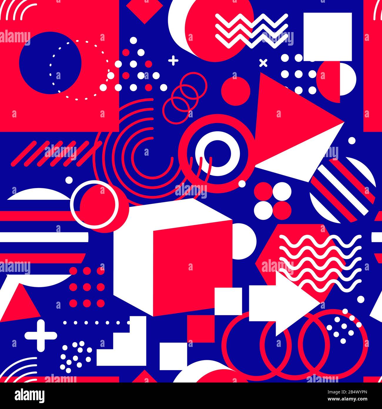 Seamless memphis pattern with geometric shapes, funky blue vector background Stock Vector