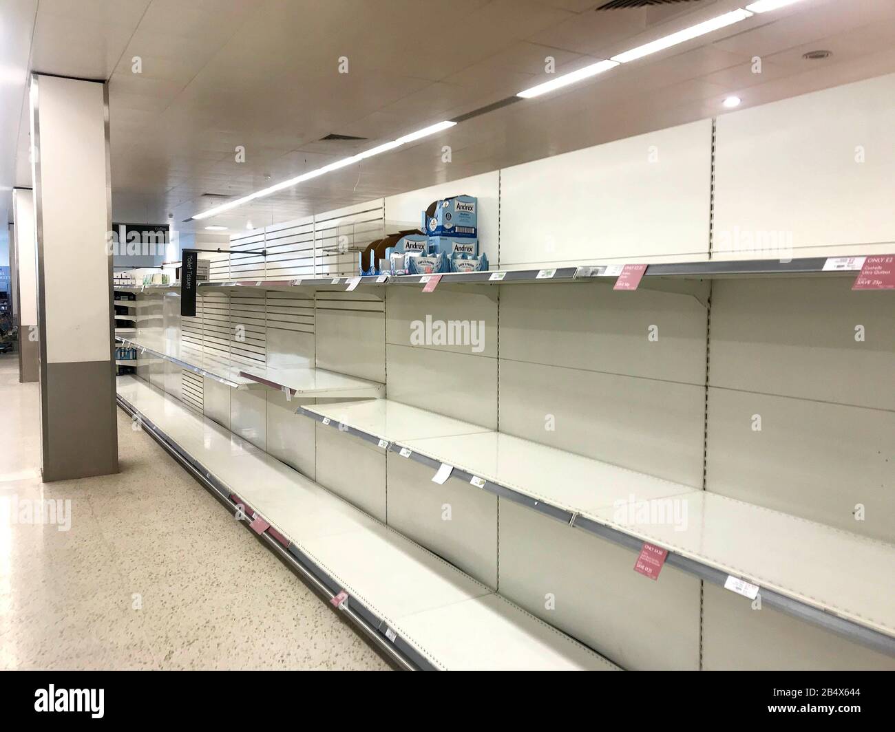 Empty toilet roll shelves in a Waitrose in Maidenhead, Berkshire Stock