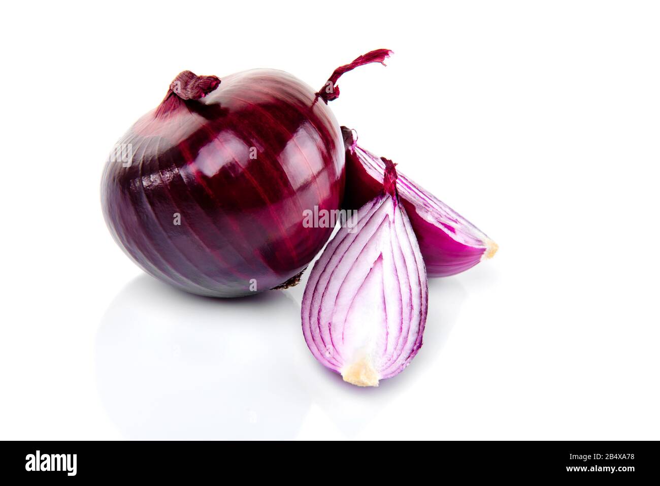 Red onion and half slice on white isolated background with reflect ...
