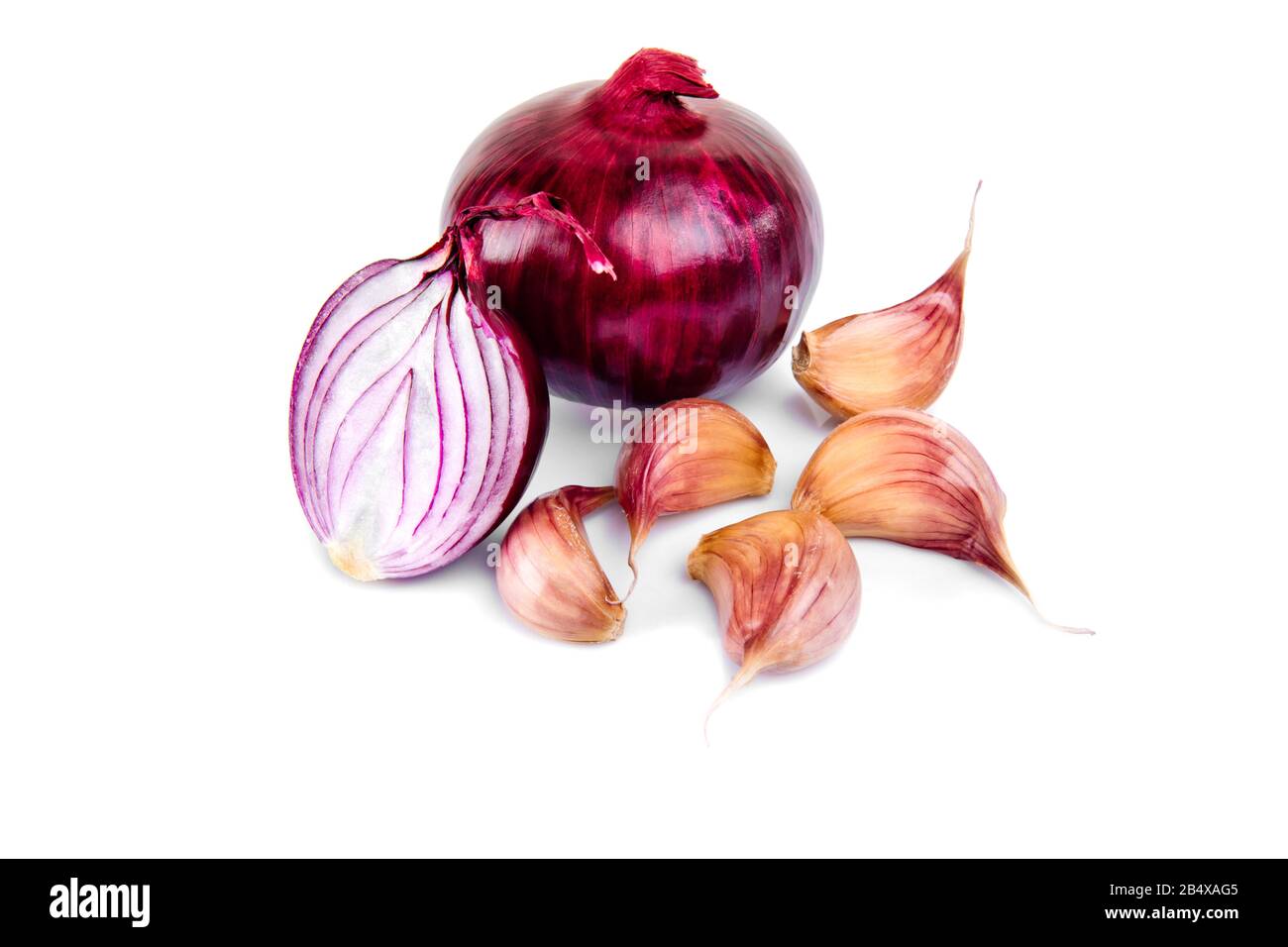 Red onion, garlic and half slice on white isolated background with ...