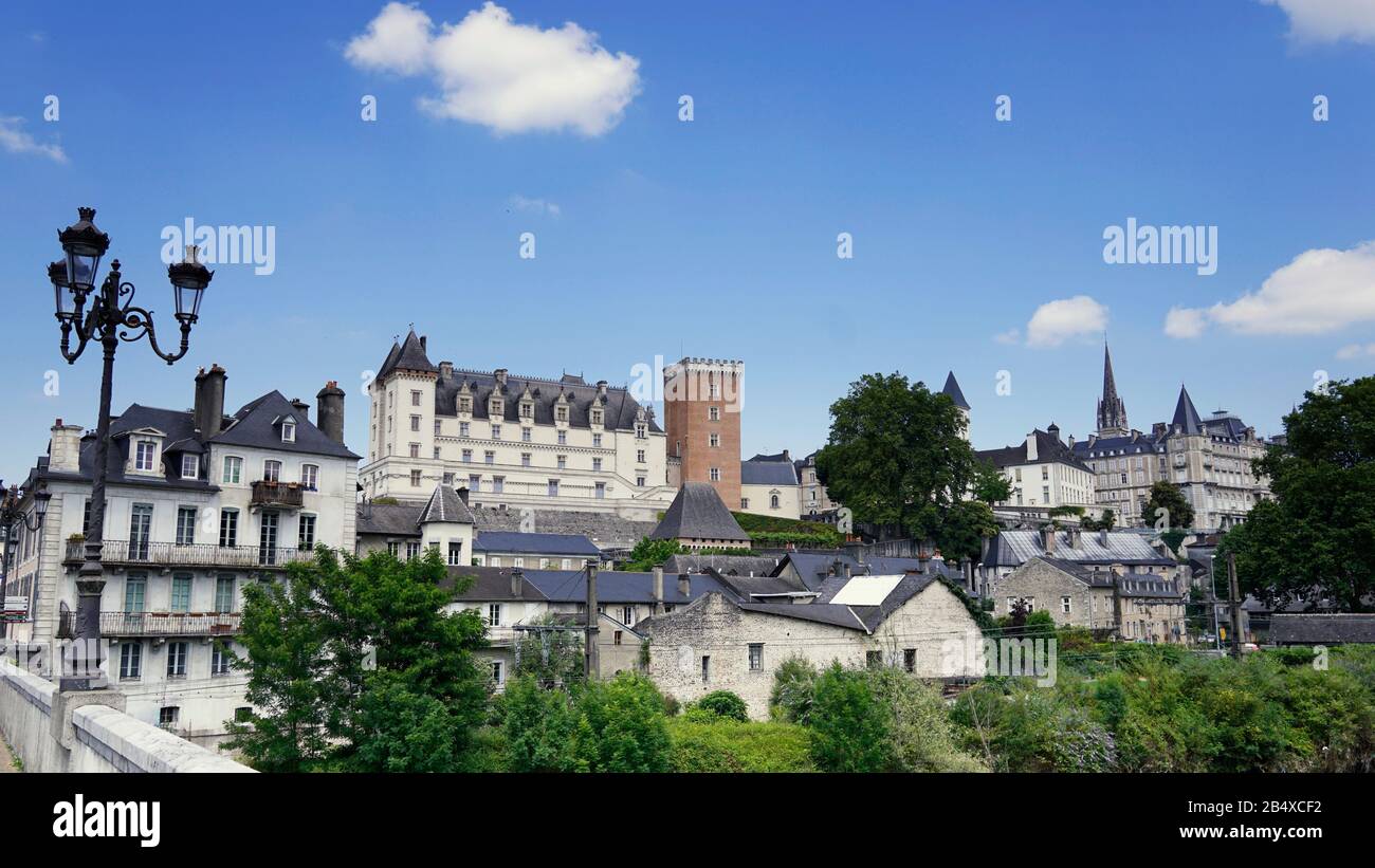 Panoramic view of the city of Pau, France with the castle on the left and the Parliament of Navarre on the right. Stock Photo