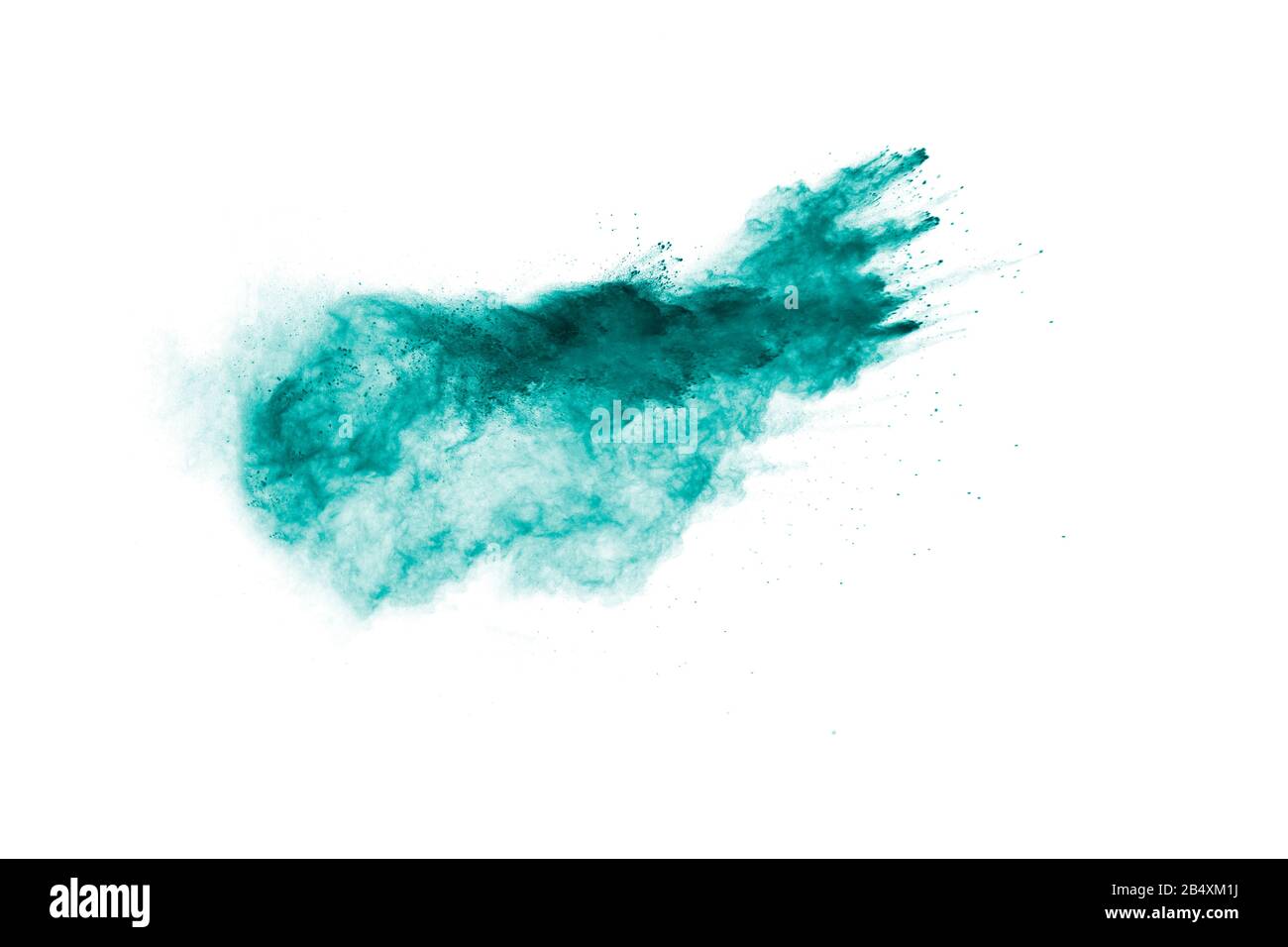 Green color powder explosion cloud on white background. Green dust splash. Stock Photo