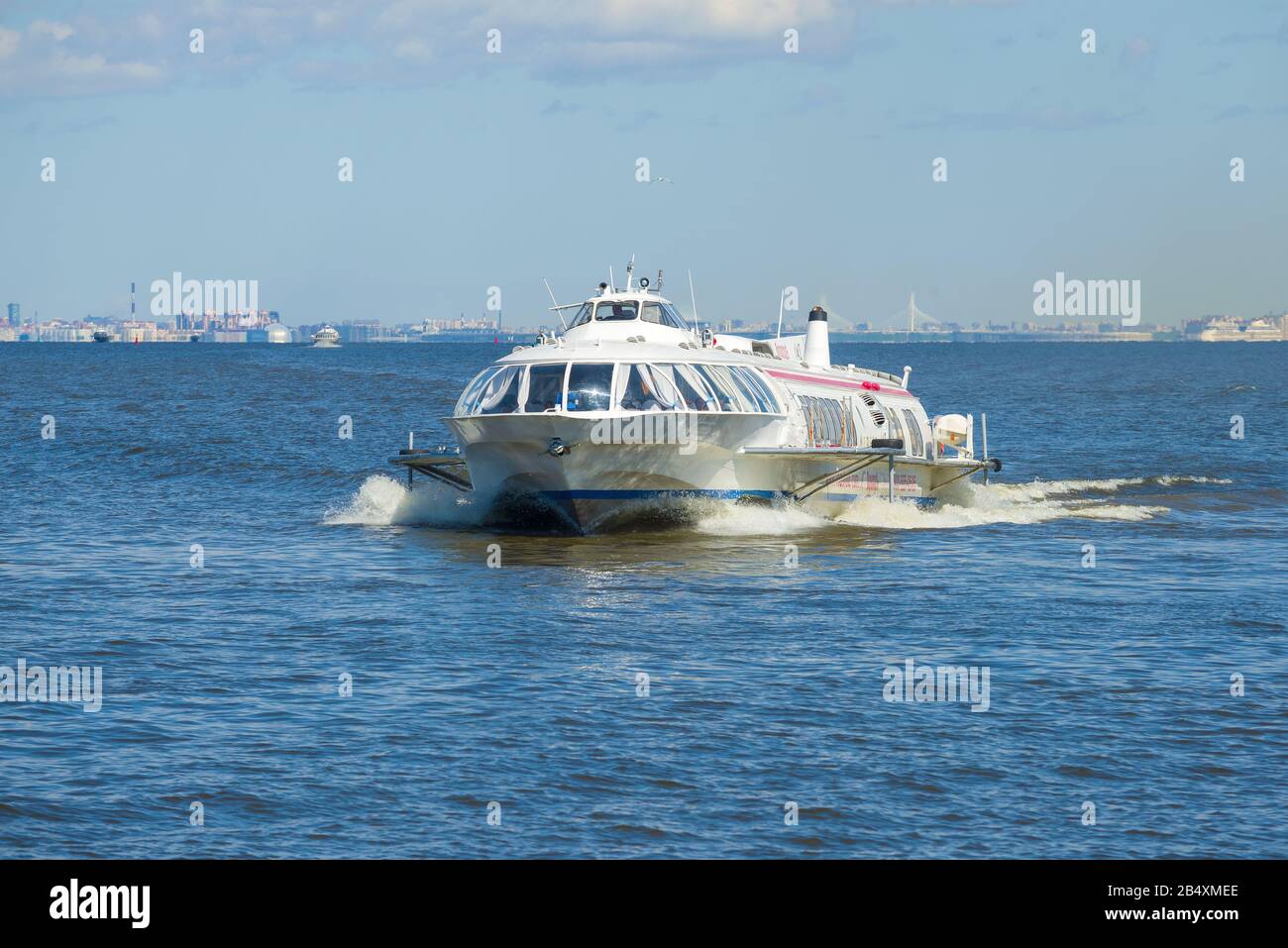 PETERHOF, RUSSIA - MAY 30, 2017: Soviet hydrofoil ship Meteor series in the waters of the Gulf of Finland Stock Photo