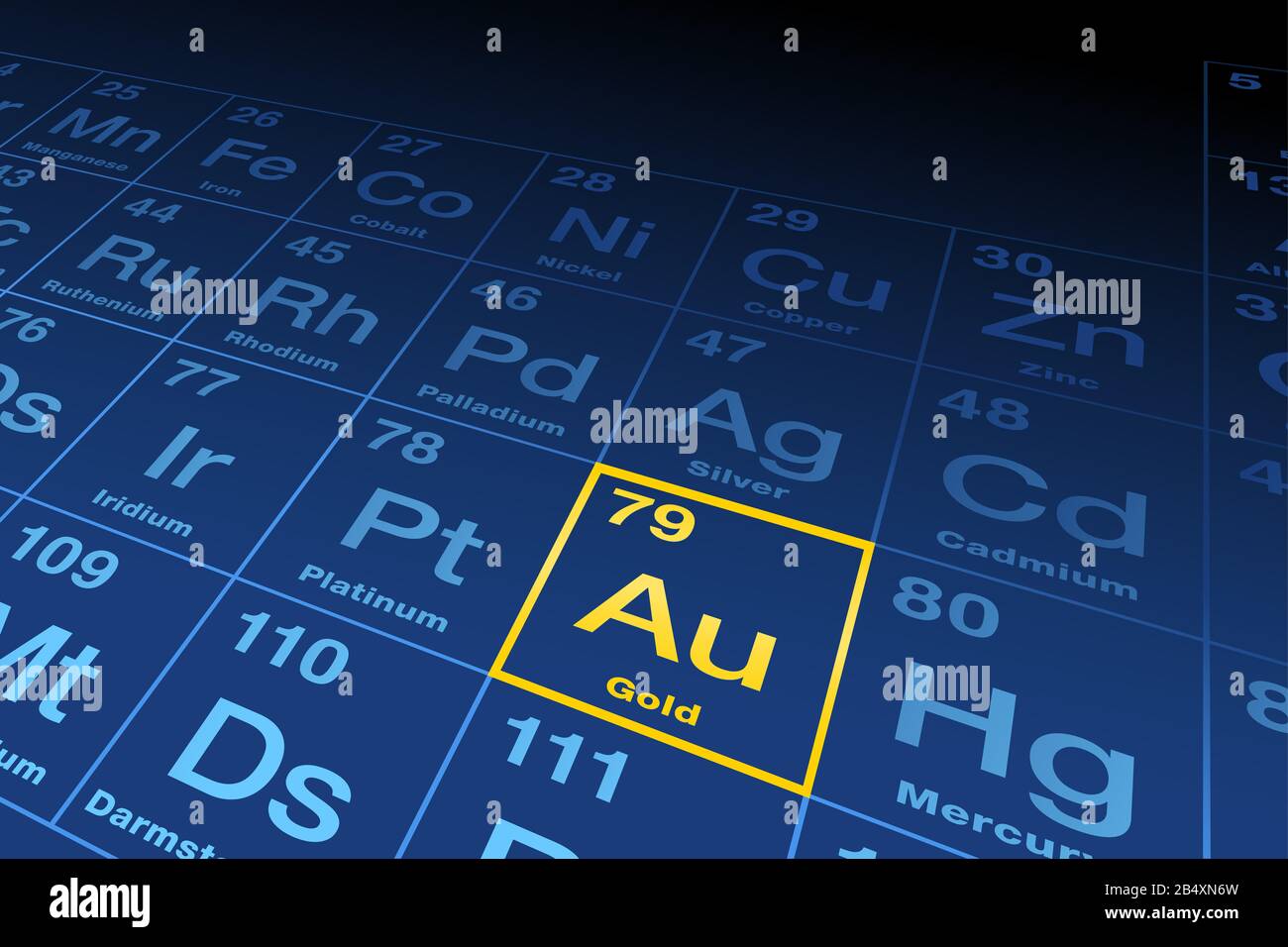 Element gold on the periodic table of elements. Chemical element with the Latin name aurum, symbol Au and atomic number 79, a transition metal. Stock Photo