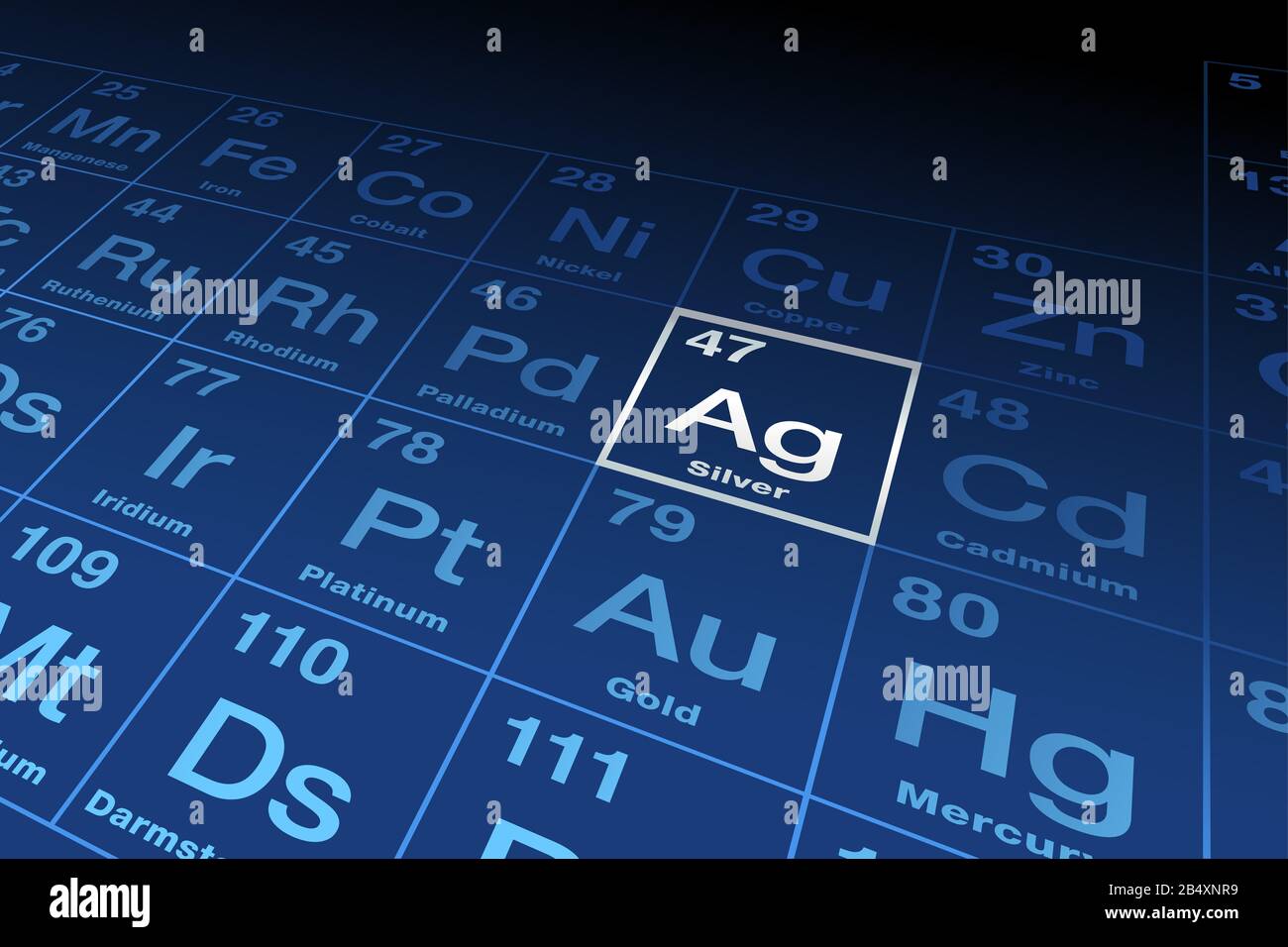 Element silver on the periodic table of elements. Chemical element with Latin name argentum, symbol Ag and atomic number 47, a transition metal. Stock Photo
