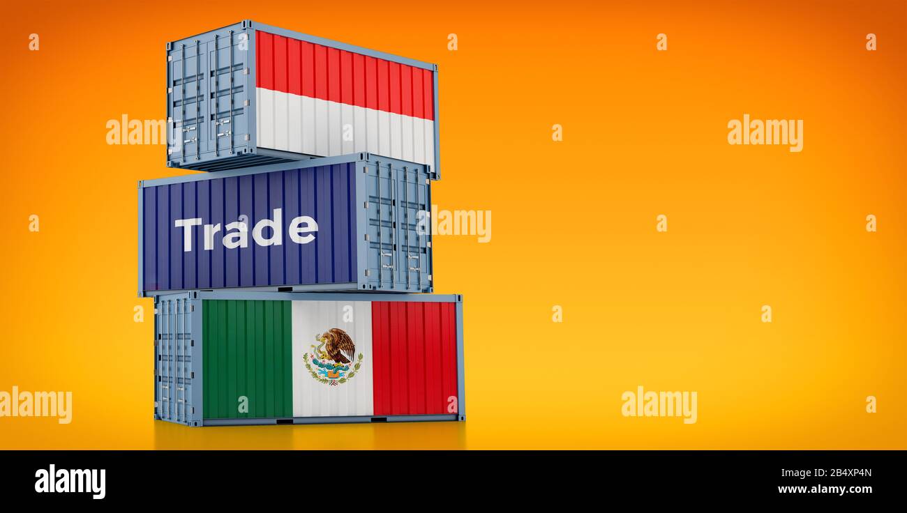 Shipping containers with Mexico and Indonesia flag. 3D Rendering Stock