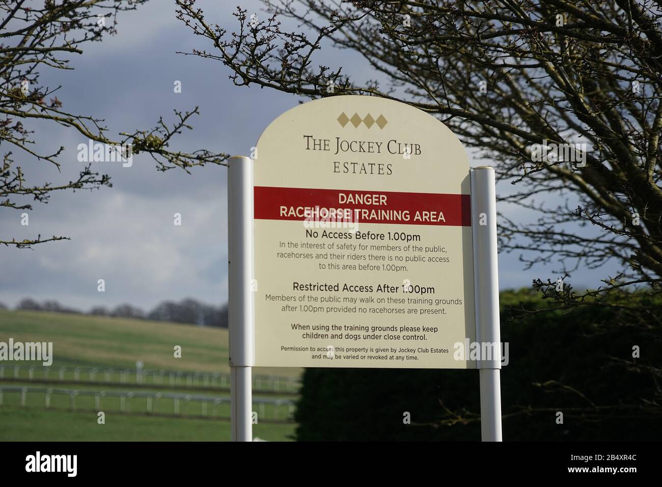 Warning sign on the training gallops east of Newmarket Stock Photo