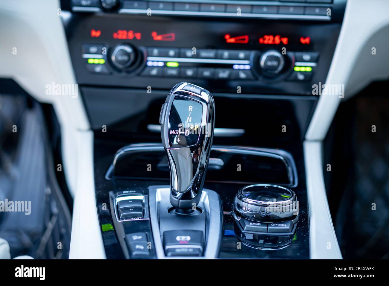 Automatic Seats Button Bmw 750d climate unit and automatic gear knob, close up photo, heated ...