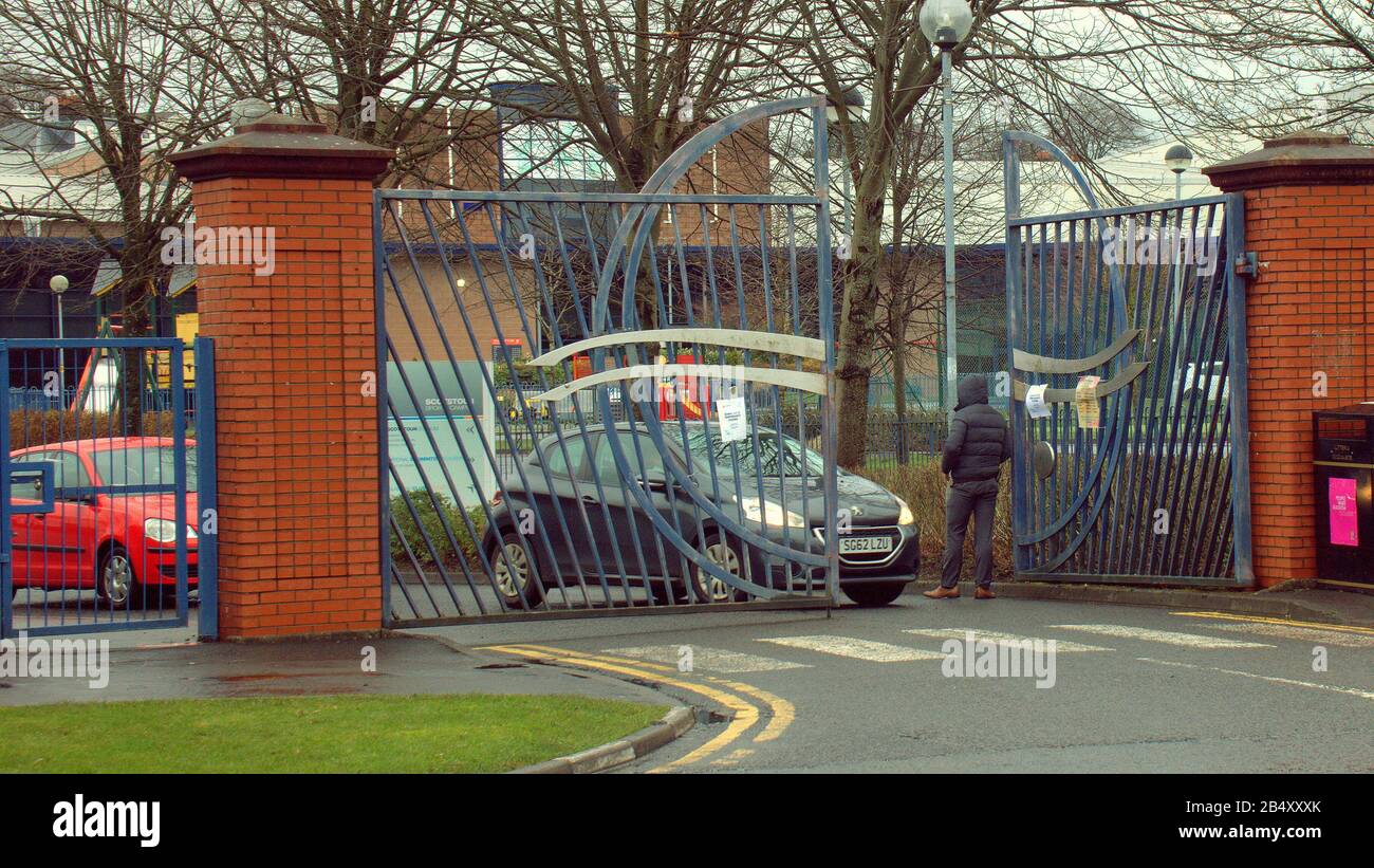 Glasgow, Scotland, UK, 7th March, 2020: Scotstoun sports complex was closed this morning to gym goers and sports enthusiasts and the woman s rugby international cancelled due to Coronavirus scare. One of the female rugby players was found to be infected and a weekly user of the gym facilities. The gates were opened to allow workers to leave by car and foot. Disappointed customers were confronted by notices at the closed gates and the stands were empty.  Copywrite Gerard Ferry/ Alamy Live News Stock Photo